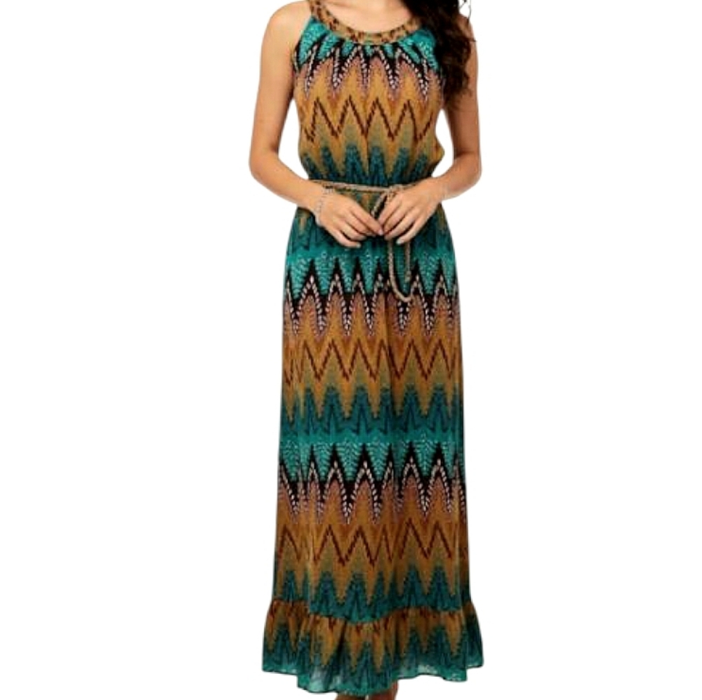 Scully Southwestern Tribal Beaded Halter Maxi Dress